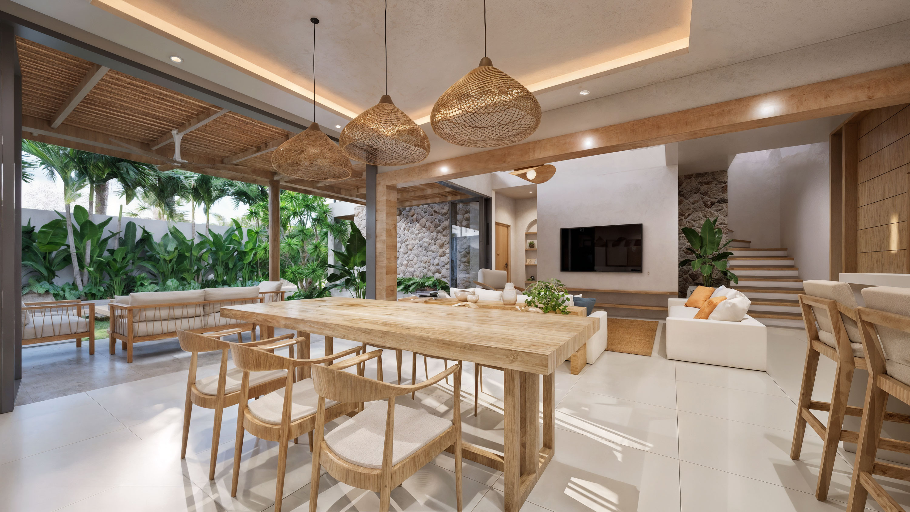 Dining and living room with garden view